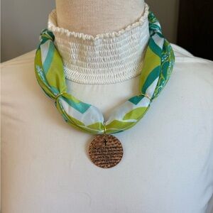Green and White Scarf Necklace with Pendant